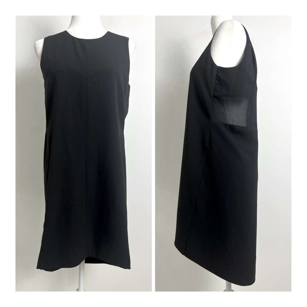Aijek Black Minimalist Sheer‎ Panel Sleeveless Hi-Lo Hem Knee Length Shift Dress
